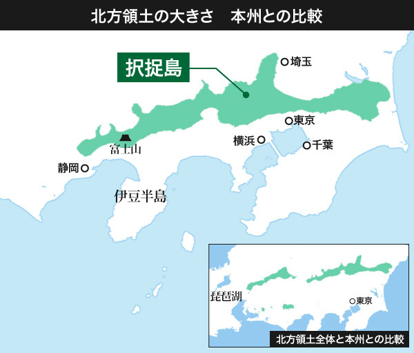本州関東地方の上に北方領土を重ねるとその大きさは一目瞭然