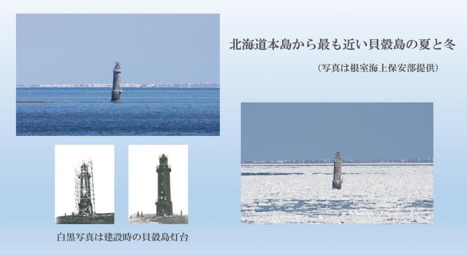 昔と今の貝殻島灯台（根室海上保安部提供）