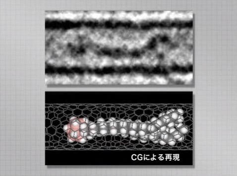 [画像]カーボンナノチューブという炭素でできた筒状分子の中に閉じ込めた分子をとらえた画像（上）とCGによるその再現（下）。以下の動画の25分40秒のところを中村栄一 博士 の許可を得て掲載（https://www.youtube.com/watch?v=OFPWWmXQAa0）