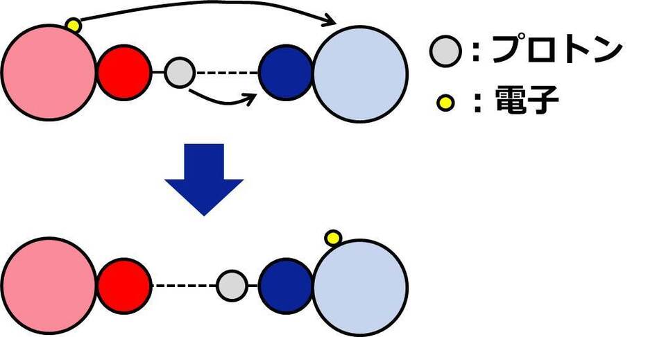 [図解]PCETの概念イラスト。プロトンと電子の行き先が違うことがポイント