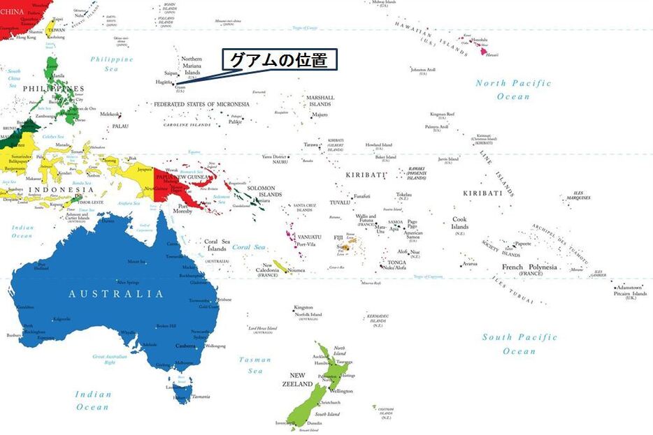 [地図]グアムの位置。サイパンの南に位置する（アフロ）