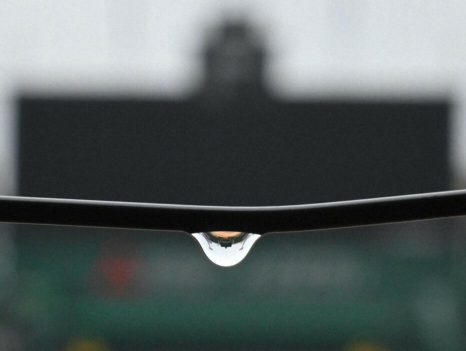 フェンスの雨粒に映った「逆さバックスクリーン」＝阪神甲子園球場で2021年3月21日、山田尚弘撮影