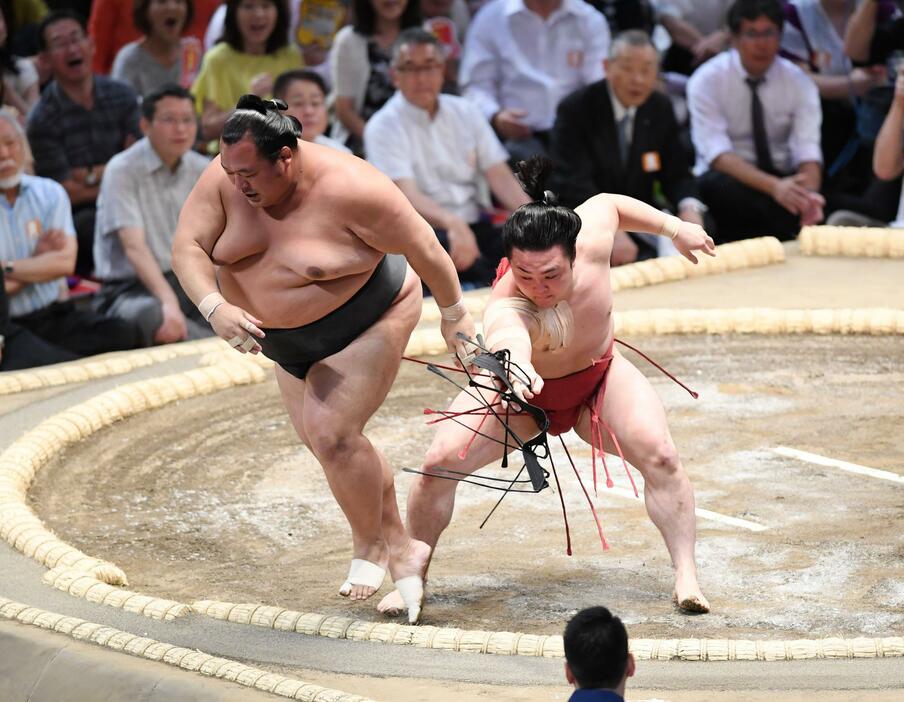 名古屋場所でブレイクし技能賞を獲得した炎鵬（右）。初日に上手出し投げで豊ノ島を下す(写真・日刊スポーツ／アフロ）