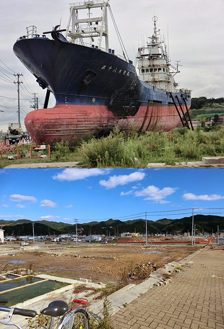 [写真]市街地まで打ち上げられた共徳丸（左）と撤去作業が完了した跡地（提供：宮城県）