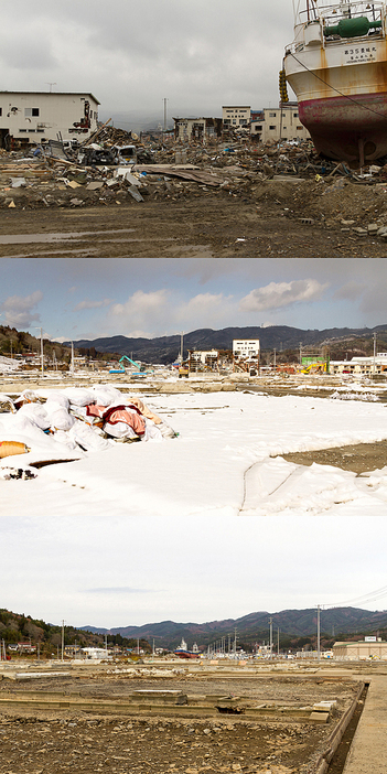 [写真](上)2011年5月15日／(中)2012年2月／(下)2012年12月（提供：3がつ11にちをわすれないためにセンター／せんだいメディアテーク）