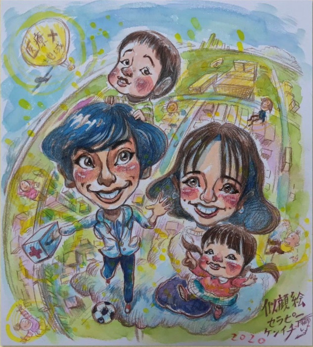 村岡さんが描いた医療従事者と家族の似顔絵（提供：村岡ケンイチ）