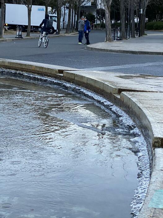 ［写真］噴水のまわりは氷がはっていた＝8日午前7時10分ごろ、大阪城公園で