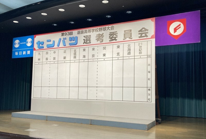 第93回選抜高校野球大会の出場校が掲示されるボード＝大阪市北区で2021年1月、青木勝彦撮影