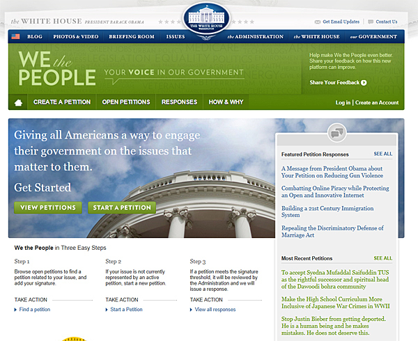 [写真]米政府への請願を受け付ける「We the People」のトップページ