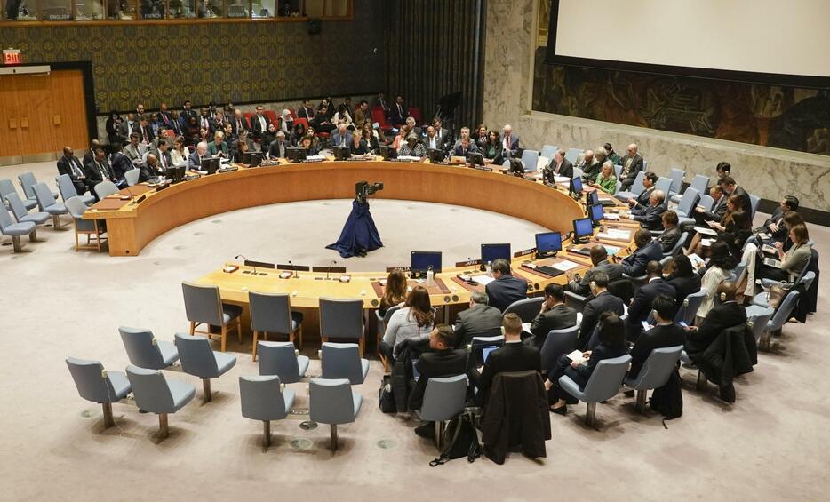 パレスチナ自治区ガザ情勢に関する国連安全保障理事会の会合＝18日、米ニューヨーク（共同）