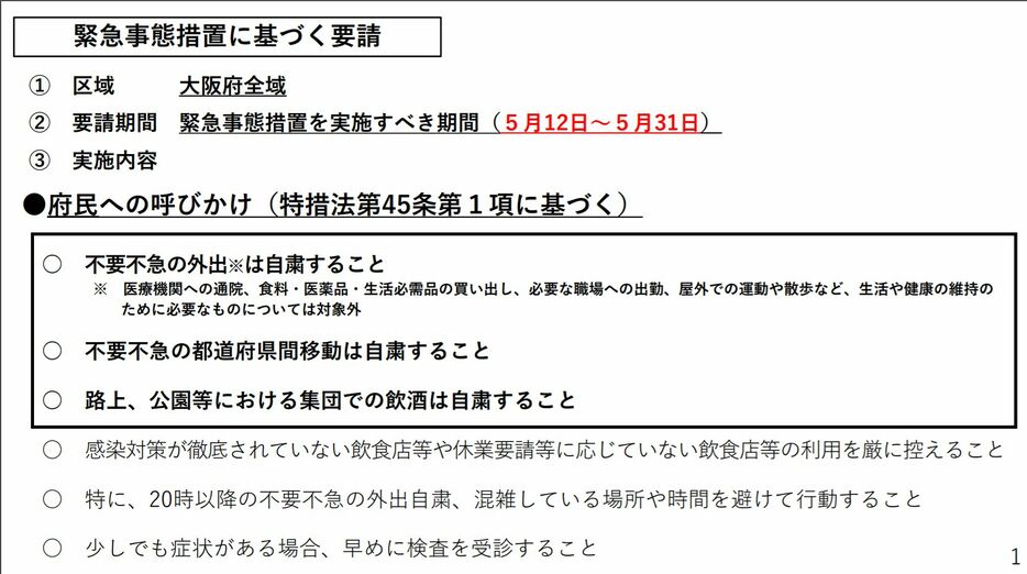 [資料]緊急事態措置に基づく要請について（大阪府公式サイトから）