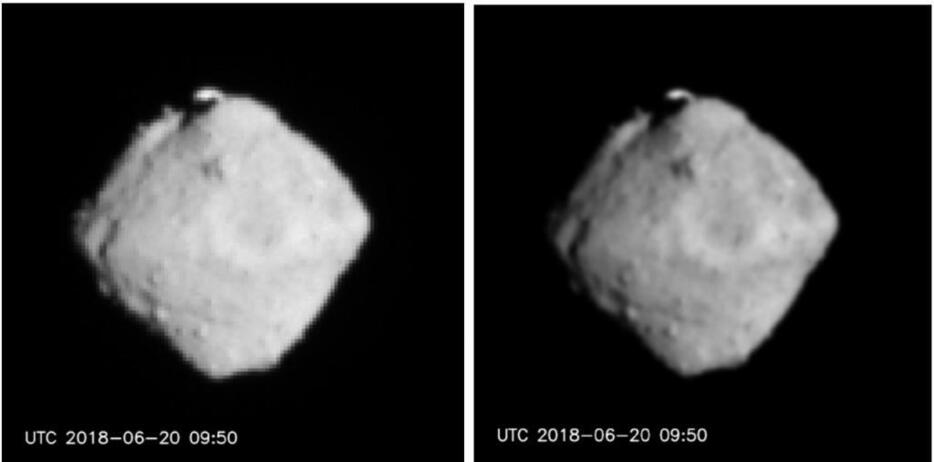 [画像]2018年6月20日午後6時50分ごろ、はやぶさ2が撮影したリュウグウの画像。左がオリジナル画像、右が画像処理したもの。「そろばんの玉」（吉川氏）のような形をしていることが分かる（画像提供：JAXA、東京大、高知大、立教大、名古屋大、千葉工大、明治大、会津大、産総研）