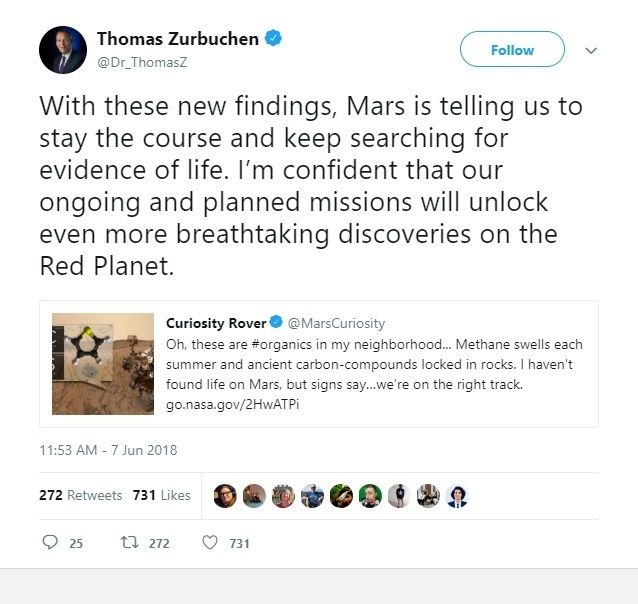 NASA Curiosity Rover研究リーダーの一人、Thomas Zurbuchen博士のTwitter＝https://twitter.com/Dr_ThomasZ/status/1004798492324360192より転載