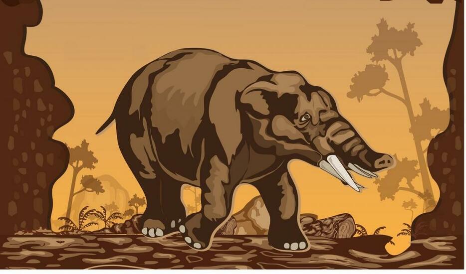 ゴンフォテリウムの生態復元イメージ。短い鼻と4本の牙は、現在のゾウに見慣れた我々には異質に映るかもしれない（アフロのイメージをもとに著者が作成した）