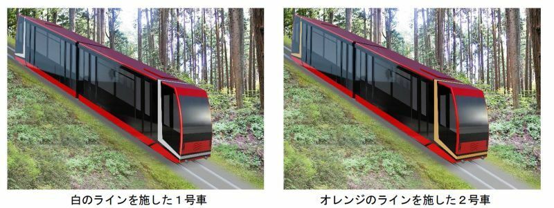 [図]新型車両のイメージ図。白いラインを施した1号車（左）とオレンジのラインを施した2号車（提供：南海電鉄）