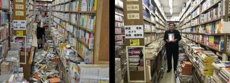 [写真]地震発生当日の店内の様子（左）と20日夜の様子=大阪市旭区で（撮影：岡村雅之＜左＞、柳曽文隆）