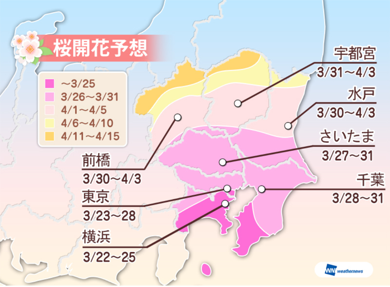 [図]2015年、関東地方の桜開花予想（提供：ウェザーニューズ）