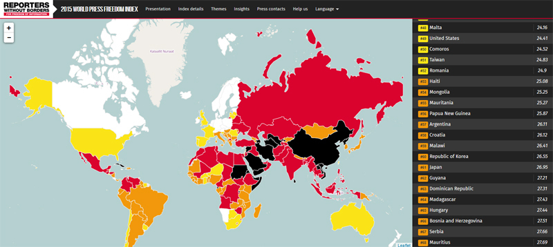 [図]世界報道自由度ランキング。白、黄色、オレンジ、赤、黒の順で順位が低くなる