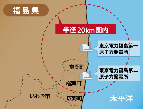 [図]福島第一原発から30キロ圏内に位置する広野町