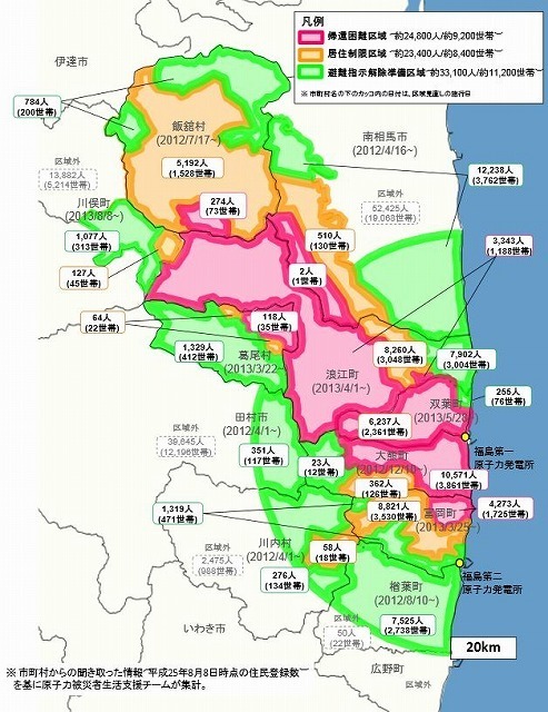 [図]「帰還困難区域」「居住制限区域」「避難指示解除準備区域」の指定状況（内閣府の資料より）