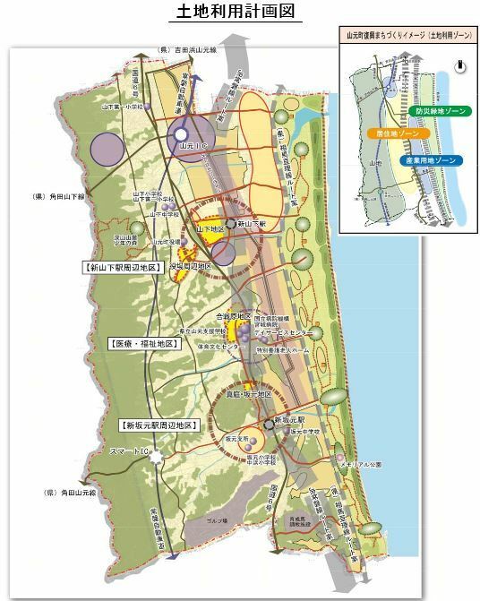 [図]3つの新市街地に街の機能を集約する山元町のコンパクトシティ構想（山元町震災復興計画より）