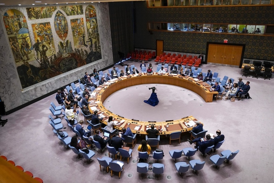 国連安全保障理事会の会合＝2022年6月、米ニューヨークの国連本部（AP＝共同）