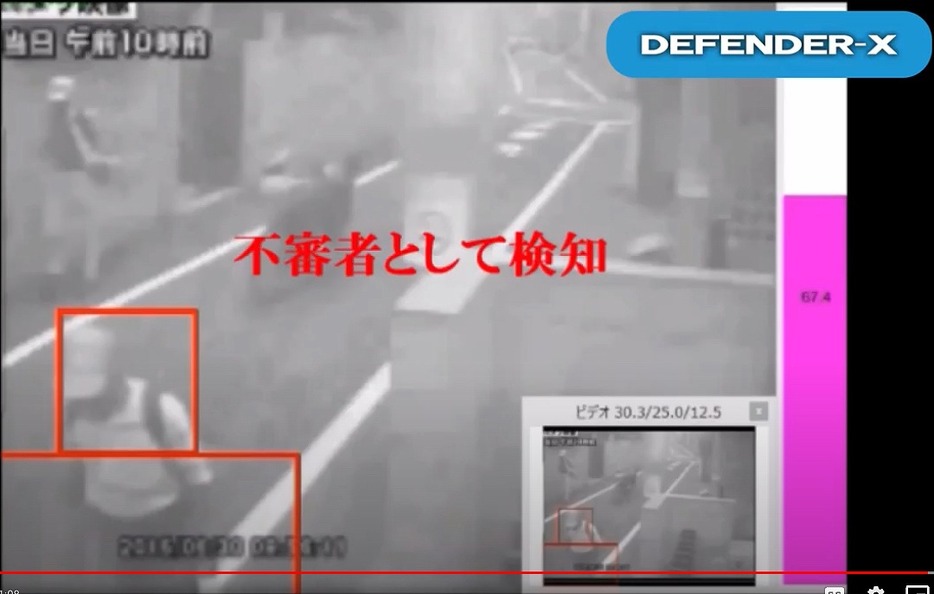 新幹線放火事件の加害者が事件直前に記録された映像をDEFENDER-Xで確認すると、赤く検知されていた（写真提供：エルシスジャパン）