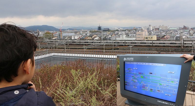 [写真]京都鉄道博物館前を走る列車はすべて見ることができる。列車位置情報システムでシャッターチャンスものがさない（右下）