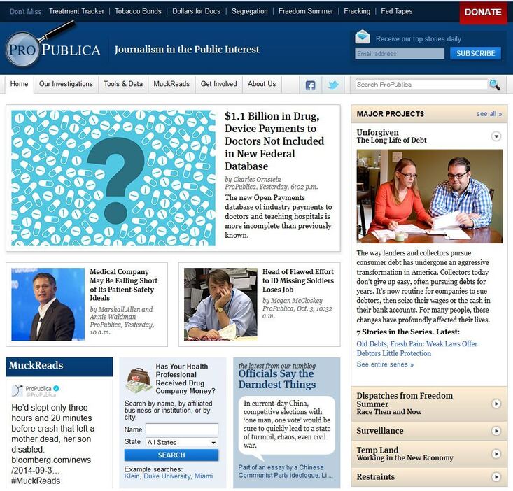 [画像]米国の調査報道NPO「ProPublica」のトップページ（ホームページより転載）
