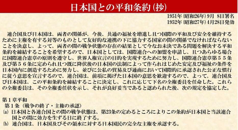 日本の主権回復などが書いてあるサンフランシスコ平和条約の冒頭部分