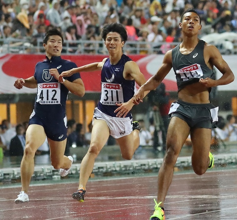 今季の男子100mで9秒ラッシュなるか。左から桐生、多田、サニブラウン（写真は昨年の日本選手権／YUTAKA／アフロスポーツ）