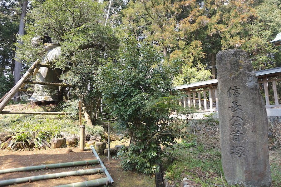 信長公首塚の石碑と大柊(左奥)＝西山本門寺
