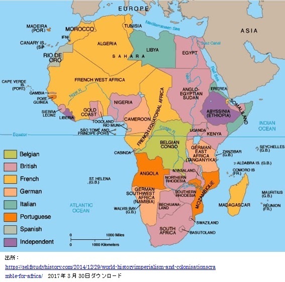 図2：植民地分割されたアフリカの各領域（1914年） （Belgian はベルギーの、Portugueseはポルトガルの植民地を指す。またIndependentは独立国―エチオピア、リベリアのみ―を意味する）