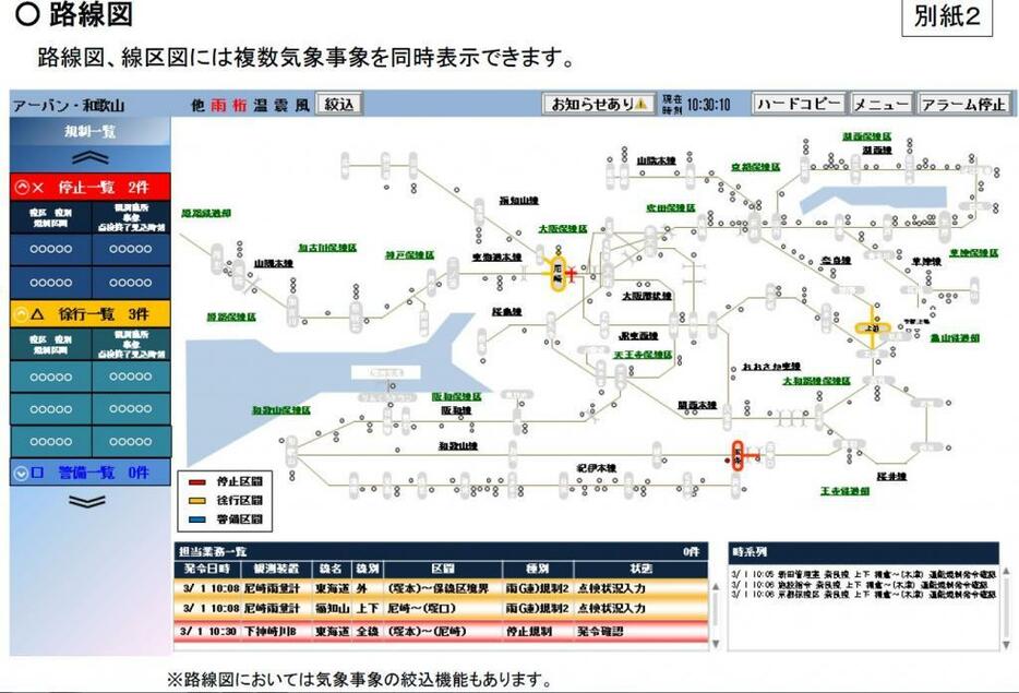 [図]路線図、線区図には複数気象事象を同時表示できる（JR西日本提供）