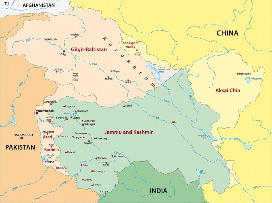 [地図]インド、パキスタン、そして中国に囲まれるカシミール地方（アフロ）