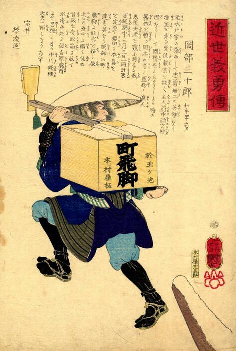 1873年発行の錦絵「近世義勇伝　岡部三十郎」歌川芳艶（二代目）（筆者所蔵）