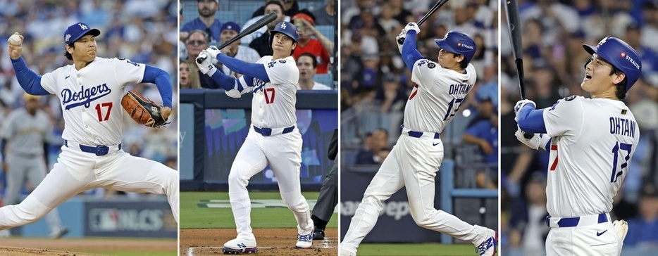 米大リーグ、ナショナル・リーグ優勝決定シリーズのブルワーズ戦で（左から）先発し勝利投手となったドジャース・大谷翔平、1回に先頭打者、4回に2本目、7回に3本目の本塁打を放った＝17日、ロサンゼルス（共同）