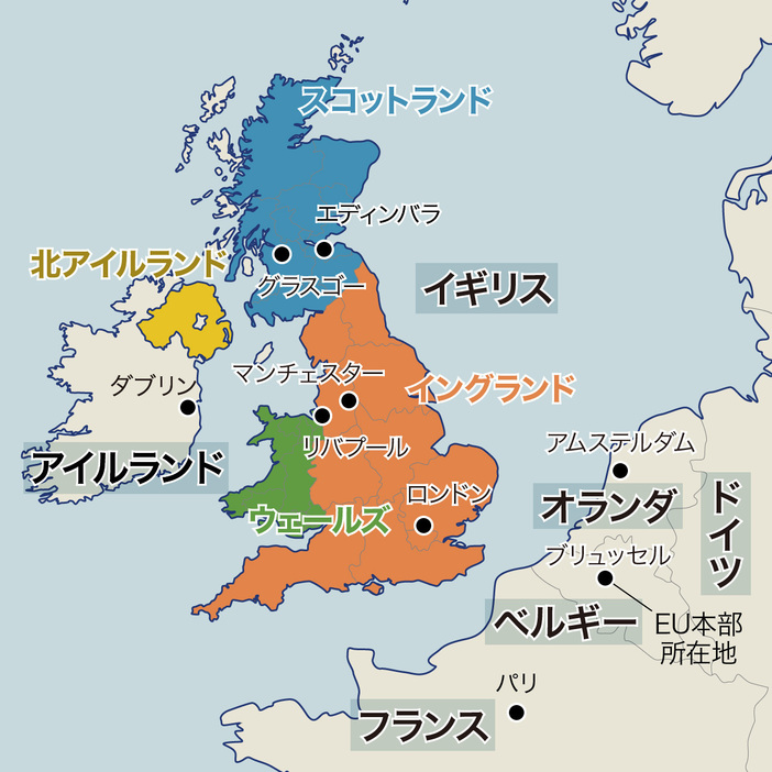 [地図]イングランド、ウェールズ、スコットランド、北アイルランドの4つの地域で構成されるイギリス