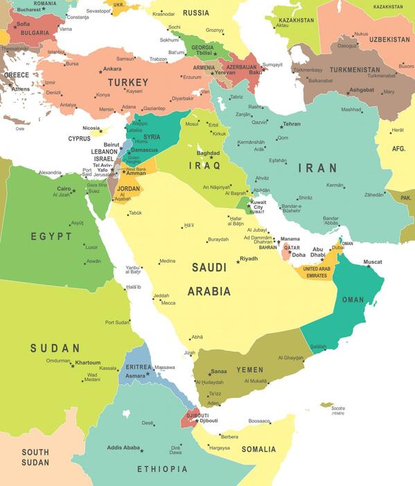 中東地域の地図。中央左にヨルダン（Jordan）がある（写真：アフロ）