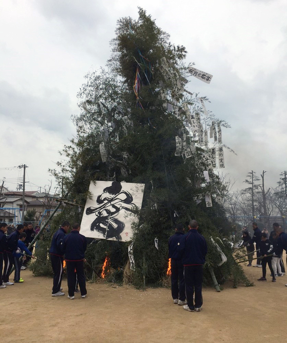 地元の「左義長」で組み上げた竹のやぐらに火を付ける明石商の１年生部員ら＝富田由美子さん提供