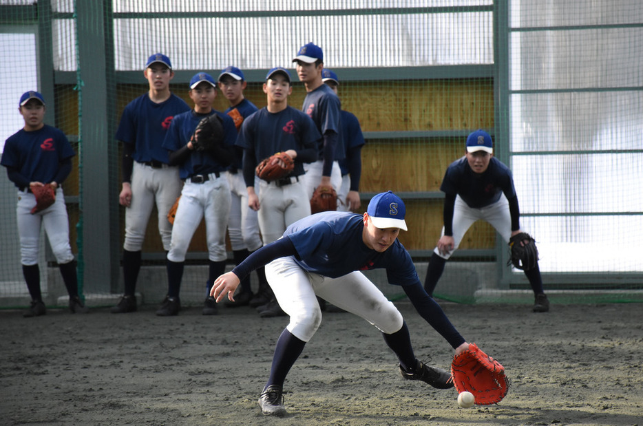 屋内練習場でノックを受ける白樺学園の選手たち＝北海道芽室町で