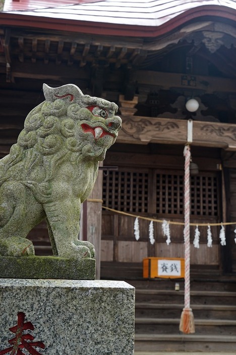 [写真]犬塚峠（現・大津交差点）の一角の丘の上に立つ神社。ユニークな顔立ちの狛犬がいるが、果たして犬塚伝説との関係は？