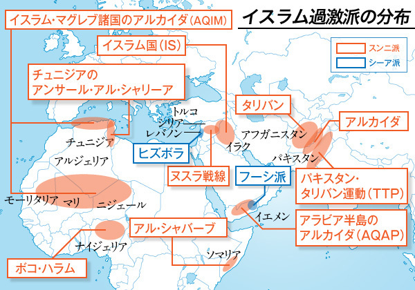 [地図]イスラム過激派の分布（スンニ派かシーア派か）