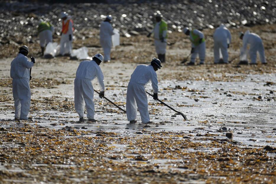 海岸の油膜を除去する作業員＝2015年5月20日（写真：ロイター/アフロ）