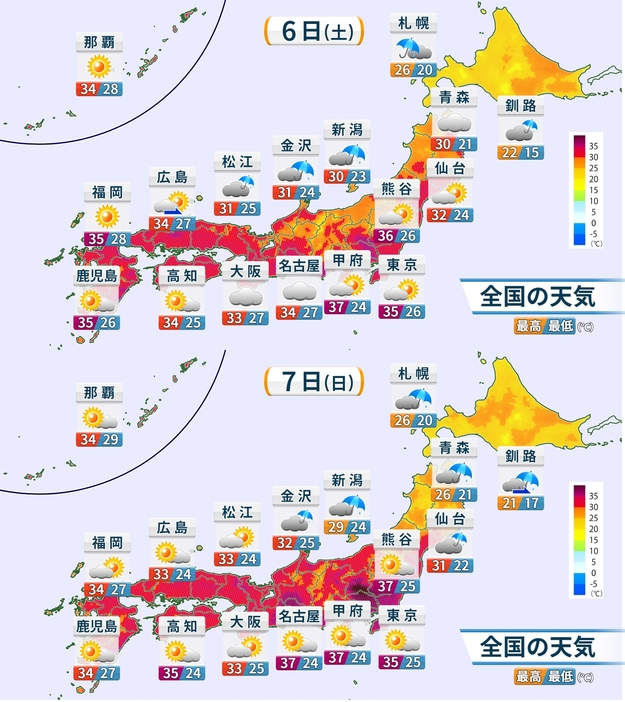 6日(土)・7日(日)の天気と予想気温