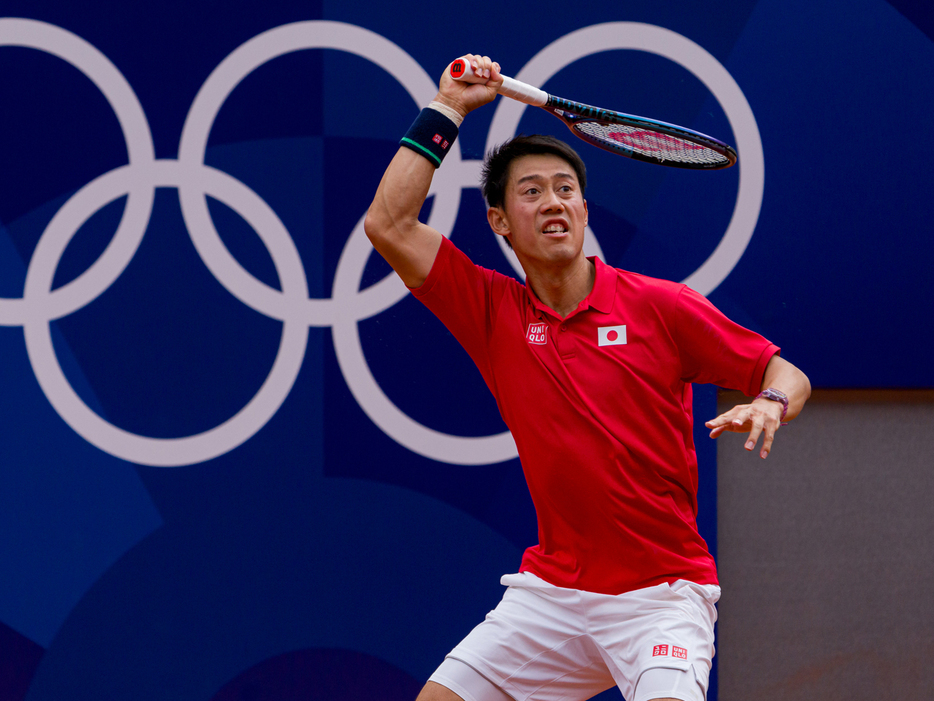 写真は大会前に会場で練習中の錦織圭（ユニクロ）（Getty Images）