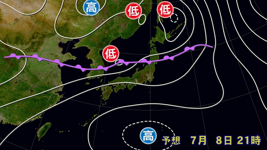 8日(月)午後9時の予想天気図