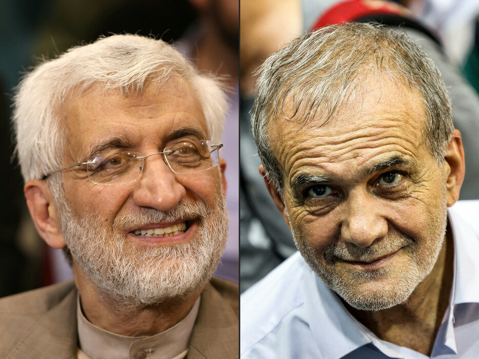 イラン大統領選の決選投票に進出したペゼシュキアン元保健相（右）とジャリリ元最高安全保障委員会事務局長（ＡＦＰ時事）