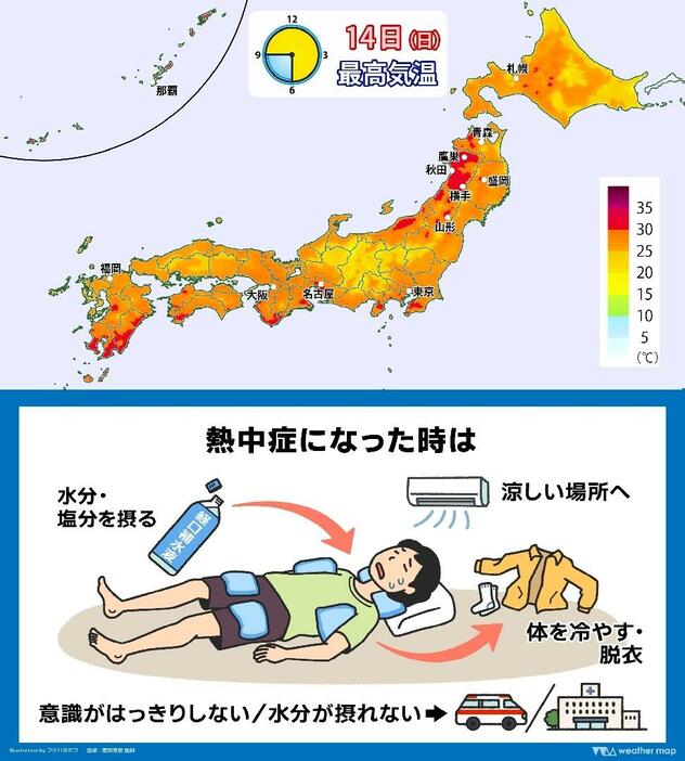 14日(日)の最高気温マップと熱中症になった時