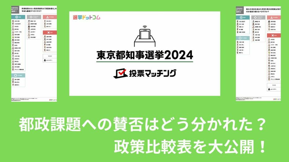 東京都知事選挙2024立候補者の政策を一覧で比較！争点への賛否はどう分かれた？（プロジェクションマッピング、神宮外苑再開発など）